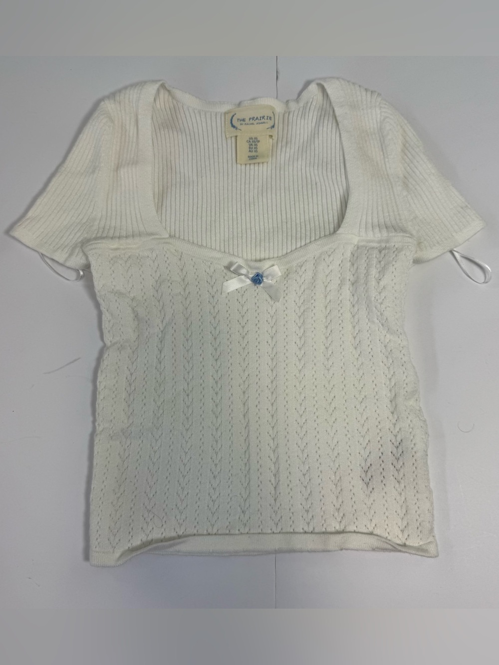 White Short Sleeve Knit Top with Baby Blue Bow XS